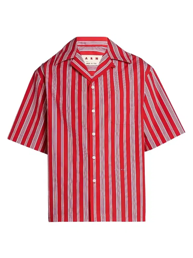Men's Striped Cotton-Blend Camp Shirt - Lacquer Men's Striped Cotton-Blend Camp Shirt - Lacquer