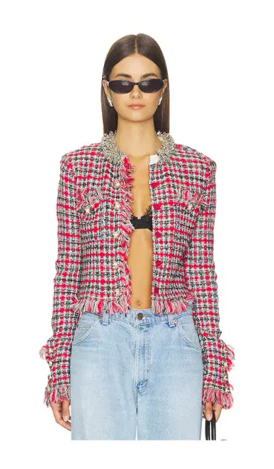 self-portrait Red Check Frayed Knit Jacket | Thumbnail 2 self-portrait Red Check Frayed Knit Jacket | Thumbnail 2