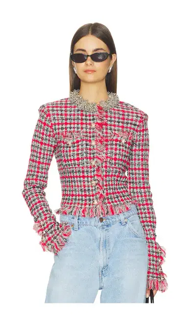 self-portrait Red Check Frayed Knit Jacket | Thumbnail 1 self-portrait Red Check Frayed Knit Jacket | Thumbnail 1