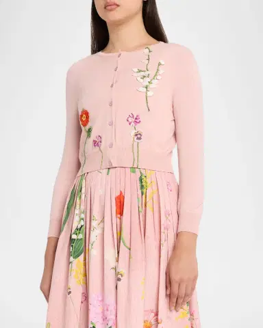 Oscar de la Renta Mixed Botanical Embroidered Crewneck Cardigan | Thumbnail 4 Oscar de la Renta Mixed Botanical Embroidered Crewneck Cardigan | Thumbnail 4