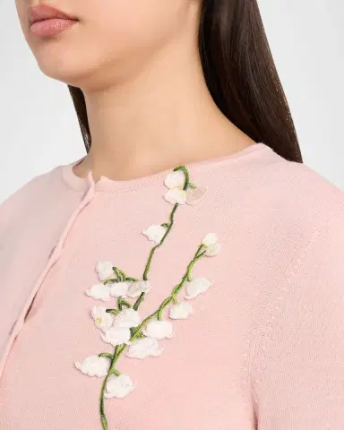 Oscar de la Renta Mixed Botanical Embroidered Crewneck Cardigan | Thumbnail 5 Oscar de la Renta Mixed Botanical Embroidered Crewneck Cardigan | Thumbnail 5