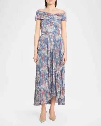 Talbot Runhof Off-The-Shoulder Metallic Floral Voile Pleated Midi Cocktail Dress | Thumbnail 2 Talbot Runhof Off-The-Shoulder Metallic Floral Voile Pleated Midi Cocktail Dress | Thumbnail 2