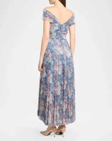 Talbot Runhof Off-The-Shoulder Metallic Floral Voile Pleated Midi Cocktail Dress | Thumbnail 3 Talbot Runhof Off-The-Shoulder Metallic Floral Voile Pleated Midi Cocktail Dress | Thumbnail 3
