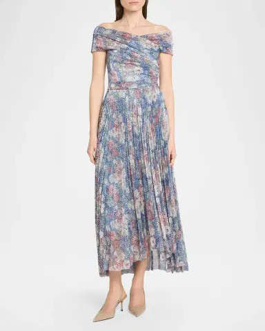 Talbot Runhof Off-The-Shoulder Metallic Floral Voile Pleated Midi Cocktail Dress | Thumbnail 4 Talbot Runhof Off-The-Shoulder Metallic Floral Voile Pleated Midi Cocktail Dress | Thumbnail 4