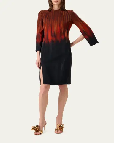 Akris Fuego-Print Long-Sleeve Wool Double-Face Slit Dress | Thumbnail 2 Akris Fuego-Print Long-Sleeve Wool Double-Face Slit Dress | Thumbnail 2