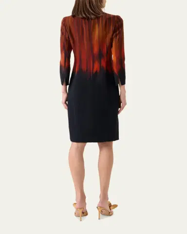 Akris Fuego-Print Long-Sleeve Wool Double-Face Slit Dress | Thumbnail 3 Akris Fuego-Print Long-Sleeve Wool Double-Face Slit Dress | Thumbnail 3