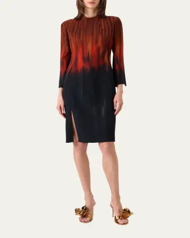 Akris Fuego-Print Long-Sleeve Wool Double-Face Slit Dress | Thumbnail 4 Akris Fuego-Print Long-Sleeve Wool Double-Face Slit Dress | Thumbnail 4