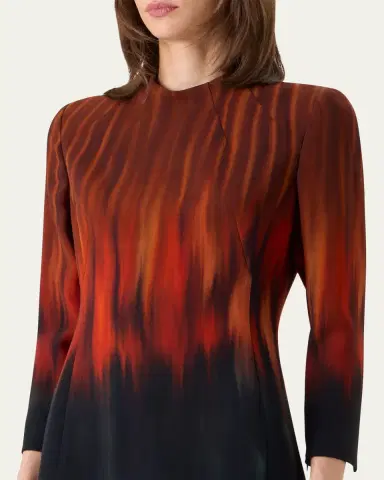 Akris Fuego-Print Long-Sleeve Wool Double-Face Slit Dress | Thumbnail 5 Akris Fuego-Print Long-Sleeve Wool Double-Face Slit Dress | Thumbnail 5