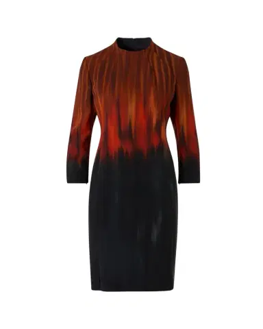 Akris Fuego-Print Long-Sleeve Wool Double-Face Slit Dress | Thumbnail 1 Akris Fuego-Print Long-Sleeve Wool Double-Face Slit Dress | Thumbnail 1