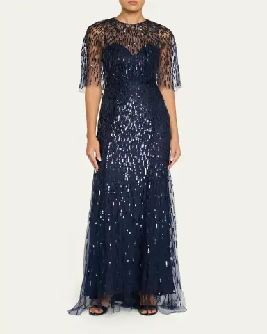 Monique Lhuillier Sequined Tulle Capelet Trumpet Gown | Thumbnail 2 Monique Lhuillier Sequined Tulle Capelet Trumpet Gown | Thumbnail 2