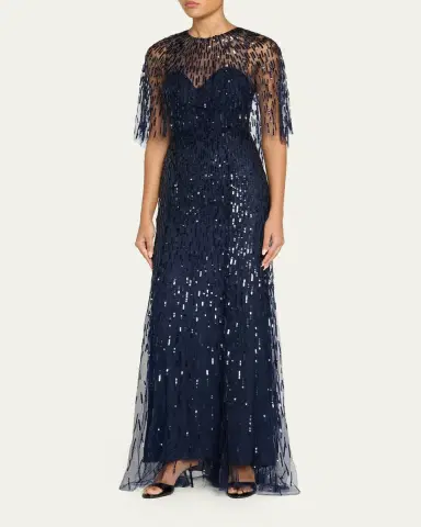 Monique Lhuillier Sequined Tulle Capelet Trumpet Gown | Thumbnail 4 Monique Lhuillier Sequined Tulle Capelet Trumpet Gown | Thumbnail 4