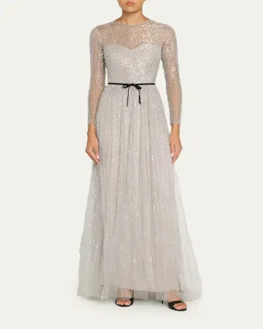 Monique Lhuillier Embellished Tulle Long-Sleeve Illusion Gown | Thumbnail 2 Monique Lhuillier Embellished Tulle Long-Sleeve Illusion Gown | Thumbnail 2