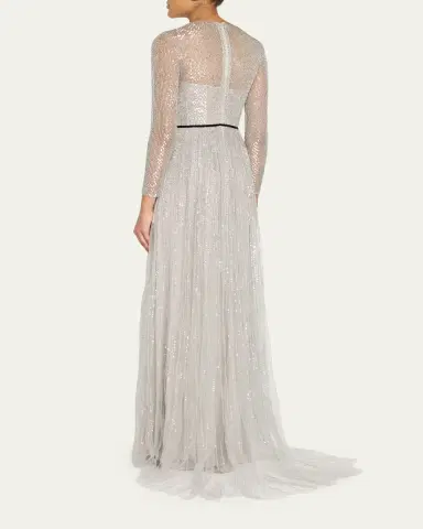 Monique Lhuillier Embellished Tulle Long-Sleeve Illusion Gown | Thumbnail 3 Monique Lhuillier Embellished Tulle Long-Sleeve Illusion Gown | Thumbnail 3