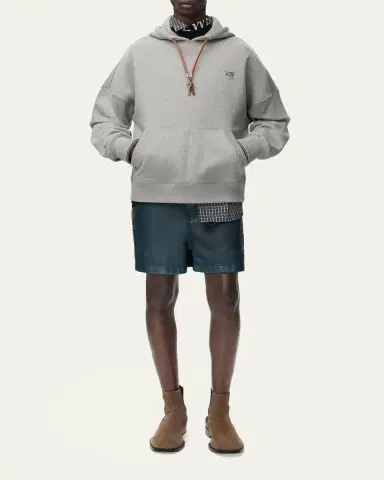 Loewe Men's Relaxed Fit Fleece Leather-Drawstring Hoodie | Thumbnail 2 Loewe Men's Relaxed Fit Fleece Leather-Drawstring Hoodie | Thumbnail 2