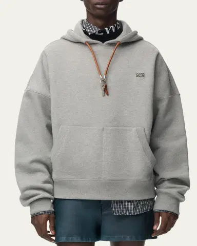 Loewe Men's Relaxed Fit Fleece Leather-Drawstring Hoodie | Thumbnail 4 Loewe Men's Relaxed Fit Fleece Leather-Drawstring Hoodie | Thumbnail 4