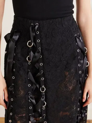 Simone Rocha Unraveling Ribbon Ring Asymmetric Embellished Lace And Satin Midi Skirt | Thumbnail 5 Simone Rocha Unraveling Ribbon Ring Asymmetric Embellished Lace And Satin Midi Skirt | Thumbnail 5