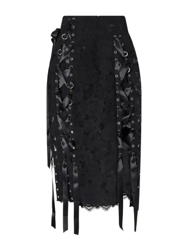 Simone Rocha Unraveling Ribbon Ring Asymmetric Embellished Lace And Satin Midi Skirt | Thumbnail 1 Simone Rocha Unraveling Ribbon Ring Asymmetric Embellished Lace And Satin Midi Skirt | Thumbnail 1