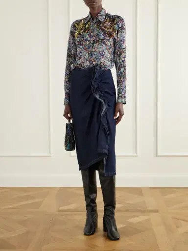 Dries Van Noten Ruffle-detailed Draped Denim Midi Skirt | Thumbnail 2 Dries Van Noten Ruffle-detailed Draped Denim Midi Skirt | Thumbnail 2