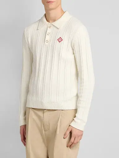 Casablanca Men's Boucle-Knit Long-Sleeve Polo Shirt - White | Thumbnail 4 Casablanca Men's Boucle-Knit Long-Sleeve Polo Shirt - White | Thumbnail 4