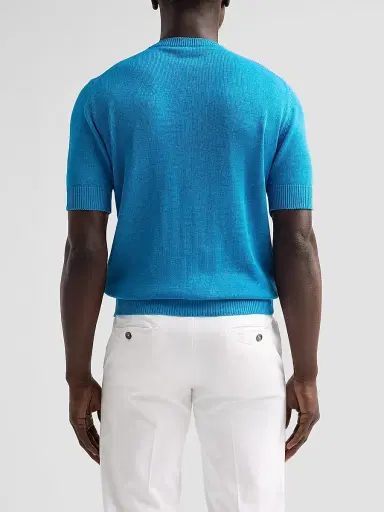 Isaia Men's Silk-Linen Knit Short-Sleeve Crewneck Shirt - Blue | Thumbnail 3 Isaia Men's Silk-Linen Knit Short-Sleeve Crewneck Shirt - Blue | Thumbnail 3