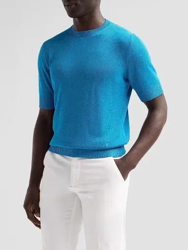 Isaia Men's Silk-Linen Knit Short-Sleeve Crewneck Shirt - Blue | Thumbnail 4 Isaia Men's Silk-Linen Knit Short-Sleeve Crewneck Shirt - Blue | Thumbnail 4