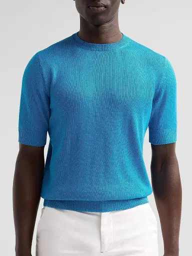 Isaia Men's Silk-Linen Knit Short-Sleeve Crewneck Shirt - Blue | Thumbnail 5 Isaia Men's Silk-Linen Knit Short-Sleeve Crewneck Shirt - Blue | Thumbnail 5