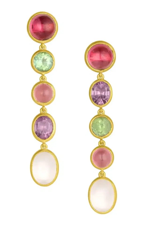 Tourmaline Moonstone Spinel Mixed Gemstone Line Earrings Tourmaline Moonstone Spinel Mixed Gemstone Line Earrings