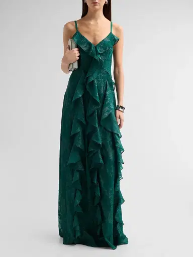 Ramy Brook Women's Penelope Flocked Ruffled Gown - Deep Emerald Jacquard | Thumbnail 2 Ramy Brook Women's Penelope Flocked Ruffled Gown - Deep Emerald Jacquard | Thumbnail 2