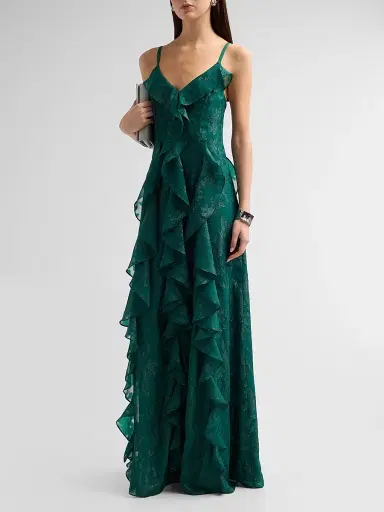 Ramy Brook Women's Penelope Flocked Ruffled Gown - Deep Emerald Jacquard | Thumbnail 4 Ramy Brook Women's Penelope Flocked Ruffled Gown - Deep Emerald Jacquard | Thumbnail 4