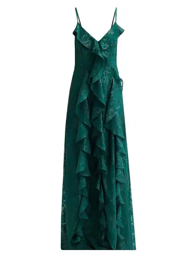 Ramy Brook Women's Penelope Flocked Ruffled Gown - Deep Emerald Jacquard | Thumbnail 1 Ramy Brook Women's Penelope Flocked Ruffled Gown - Deep Emerald Jacquard | Thumbnail 1