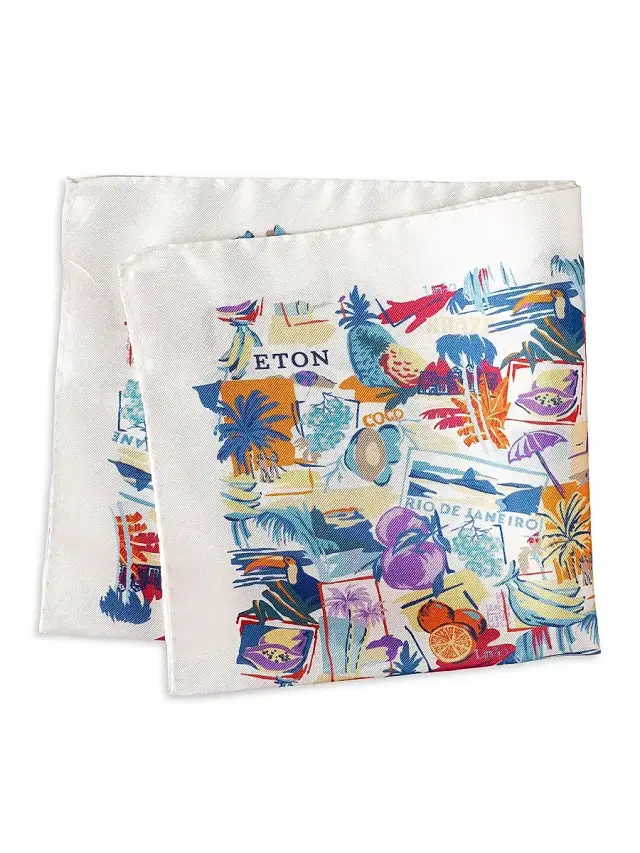 Men's Postcard Print Silk Twill Pocket Square - White Men's Postcard Print Silk Twill Pocket Square - White