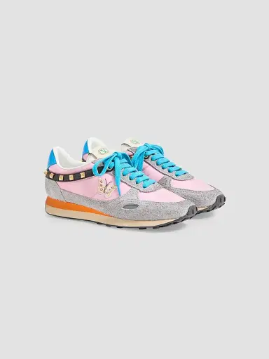 Valentino Garavani Women's Stud Up Sneaker in Split Leather and Nylon with Butterfly Embroidery - Pink Multicolor | Thumbnail 2 Valentino Garavani Women's Stud Up Sneaker in Split Leather and Nylon with Butterfly Embroidery - Pink Multicolor | Thumbnail 2
