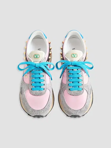Valentino Garavani Women's Stud Up Sneaker in Split Leather and Nylon with Butterfly Embroidery - Pink Multicolor | Thumbnail 3 Valentino Garavani Women's Stud Up Sneaker in Split Leather and Nylon with Butterfly Embroidery - Pink Multicolor | Thumbnail 3
