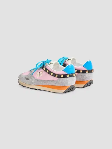 Valentino Garavani Women's Stud Up Sneaker in Split Leather and Nylon with Butterfly Embroidery - Pink Multicolor | Thumbnail 4 Valentino Garavani Women's Stud Up Sneaker in Split Leather and Nylon with Butterfly Embroidery - Pink Multicolor | Thumbnail 4