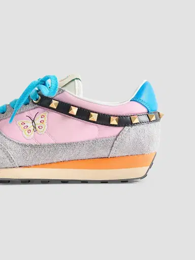 Valentino Garavani Women's Stud Up Sneaker in Split Leather and Nylon with Butterfly Embroidery - Pink Multicolor | Thumbnail 7 Valentino Garavani Women's Stud Up Sneaker in Split Leather and Nylon with Butterfly Embroidery - Pink Multicolor | Thumbnail 7