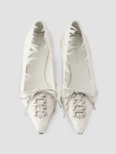 Prada Women's Feather Embellished Satin Pumps - White | Thumbnail 4 Prada Women's Feather Embellished Satin Pumps - White | Thumbnail 4