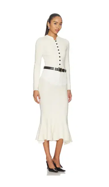Self-Portrait Cream Knit Denim Insert Midi Dress | Thumbnail 2 Self-Portrait Cream Knit Denim Insert Midi Dress | Thumbnail 2