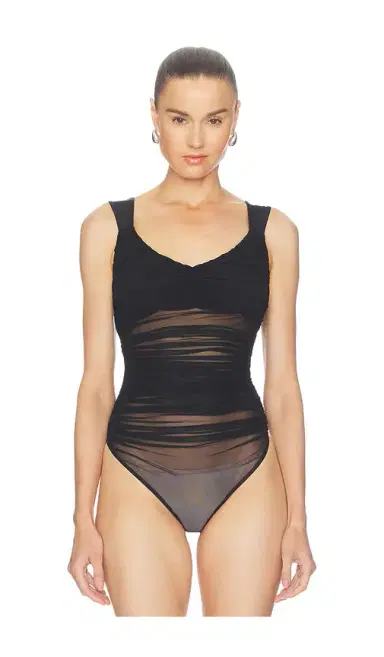 Alice + Olivia Alice + Olivia Renee Sheer Soft V Neck Ruched Tank Bodysuit | Thumbnail 2 Alice + Olivia Alice + Olivia Renee Sheer Soft V Neck Ruched Tank Bodysuit | Thumbnail 2