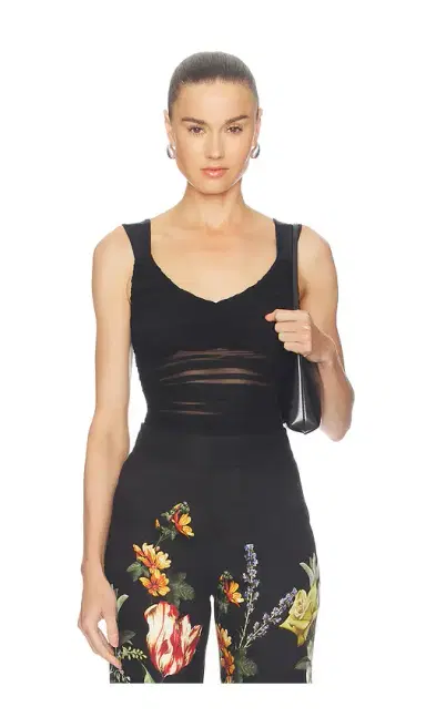 Alice + Olivia Alice + Olivia Renee Sheer Soft V Neck Ruched Tank Bodysuit | Thumbnail 1 Alice + Olivia Alice + Olivia Renee Sheer Soft V Neck Ruched Tank Bodysuit | Thumbnail 1