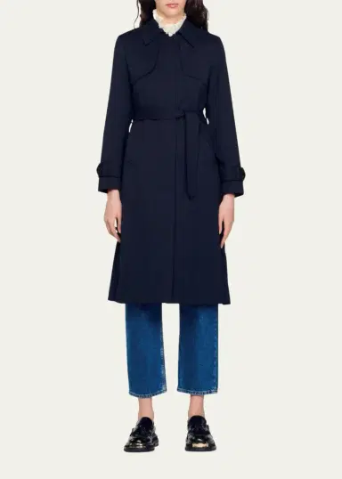 Sandro Navy Pleated-Back Belted Trench Coat | Thumbnail 2 Sandro Navy Pleated-Back Belted Trench Coat | Thumbnail 2