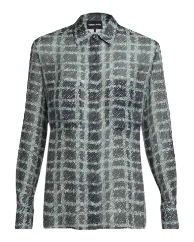 Giorgio Armani Sheer Silk Plaid Button-Front Shirt | Thumbnail 1 Giorgio Armani Sheer Silk Plaid Button-Front Shirt | Thumbnail 1