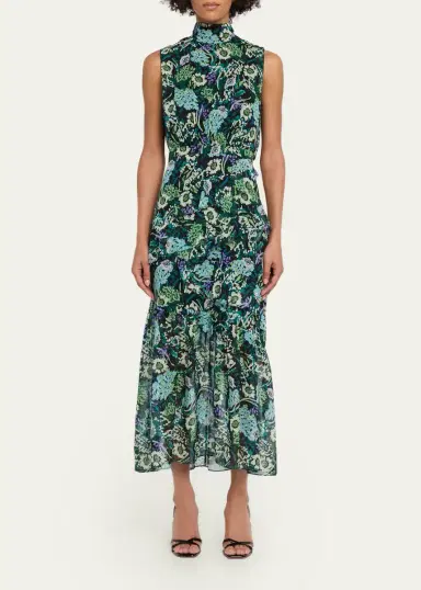 Saloni Fleur Silk Sleeveless Tiered-Ruffle Midi Dress | Thumbnail 2 Saloni Fleur Silk Sleeveless Tiered-Ruffle Midi Dress | Thumbnail 2