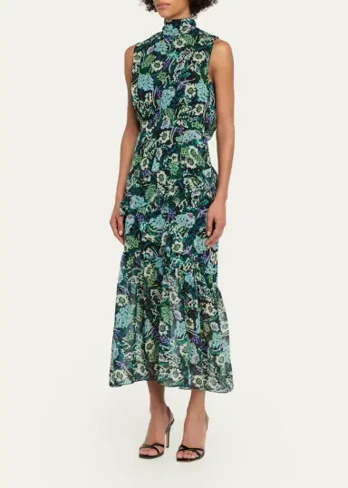 Saloni Fleur Silk Sleeveless Tiered-Ruffle Midi Dress | Thumbnail 4 Saloni Fleur Silk Sleeveless Tiered-Ruffle Midi Dress | Thumbnail 4