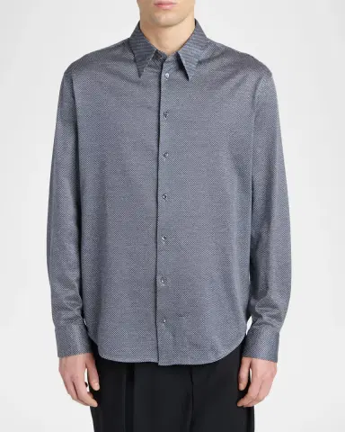 Giorgio Armani Men's Silk-Blend Micro-Chevron Button-Down Shirt | Thumbnail 4 Giorgio Armani Men's Silk-Blend Micro-Chevron Button-Down Shirt | Thumbnail 4