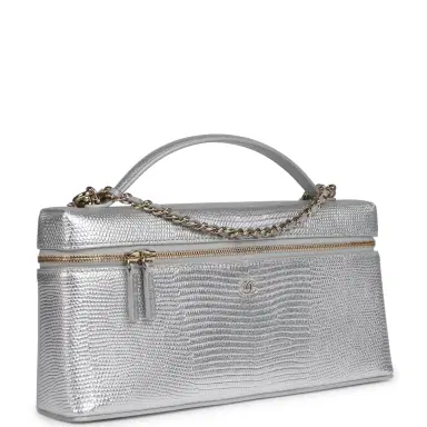 Chanel Chanel Top Handle Long Vanity Case with Chain Silver Metallic Lizard Embossed Calfskin Light Gold Hardware | Thumbnail 2 Chanel Chanel Top Handle Long Vanity Case with Chain Silver Metallic Lizard Embossed Calfskin Light Gold Hardware | Thumbnail 2