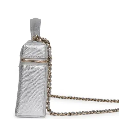 Chanel Chanel Top Handle Long Vanity Case with Chain Silver Metallic Lizard Embossed Calfskin Light Gold Hardware | Thumbnail 3 Chanel Chanel Top Handle Long Vanity Case with Chain Silver Metallic Lizard Embossed Calfskin Light Gold Hardware | Thumbnail 3