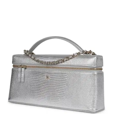 Chanel Chanel Top Handle Long Vanity Case with Chain Silver Metallic Lizard Embossed Calfskin Light Gold Hardware | Thumbnail 5 Chanel Chanel Top Handle Long Vanity Case with Chain Silver Metallic Lizard Embossed Calfskin Light Gold Hardware | Thumbnail 5