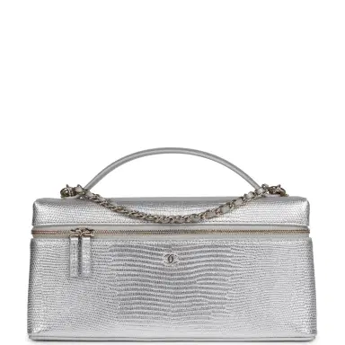 Chanel Chanel Top Handle Long Vanity Case with Chain Silver Metallic Lizard Embossed Calfskin Light Gold Hardware | Thumbnail 1 Chanel Chanel Top Handle Long Vanity Case with Chain Silver Metallic Lizard Embossed Calfskin Light Gold Hardware | Thumbnail 1