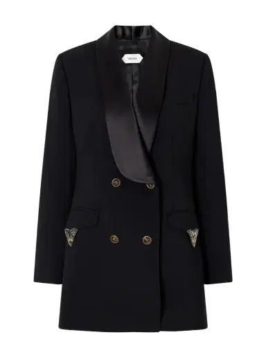 Versace Double-breasted Embellished Satin-trimmed Stretch-wool Mini Dress | Thumbnail 1 Versace Double-breasted Embellished Satin-trimmed Stretch-wool Mini Dress | Thumbnail 1