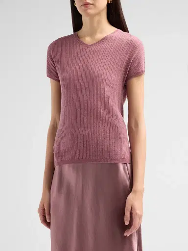 Vince Women's Pointelle Wool T-Shirt - Dusty Peony - Size XS | Thumbnail 4 Vince Women's Pointelle Wool T-Shirt - Dusty Peony - Size XS | Thumbnail 4